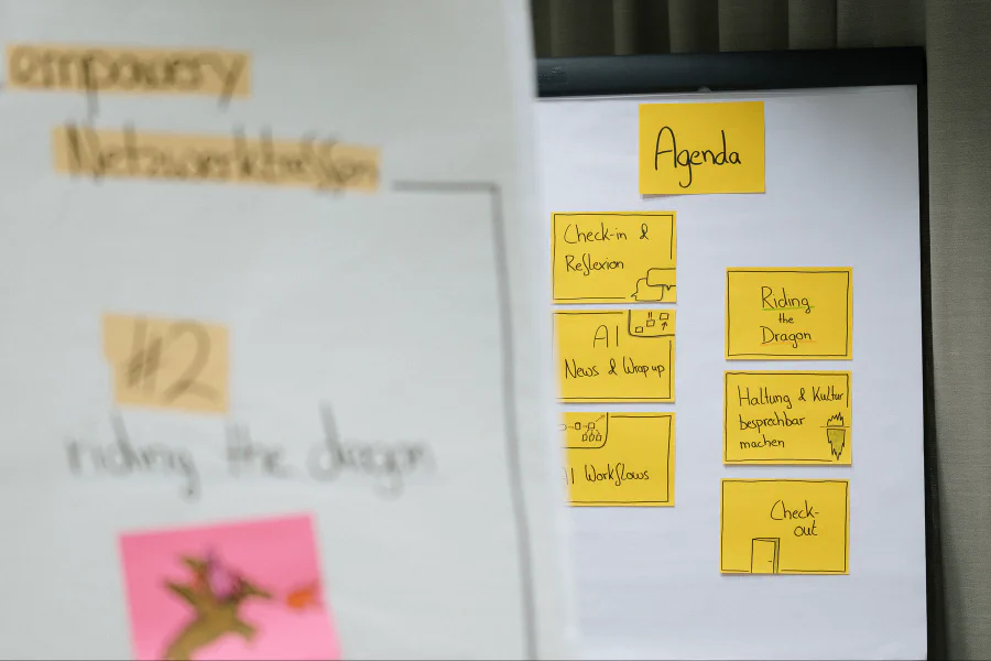 Flipchart eines empowery Netzwerktreffens mit handgeschriebenen Post-its: Check-in und Reflexion, AI News, AI Workflows, Riding the Dragon, Haltung und Kultur besprechbar machen, Check-out